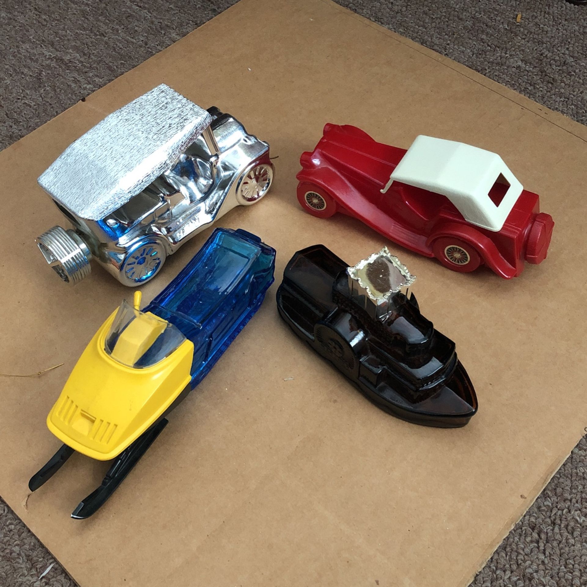 Avon 1978 Silver Classic Car With After Shave, Snowmobile Empty, 1936 M G Empty, Wild County Empty