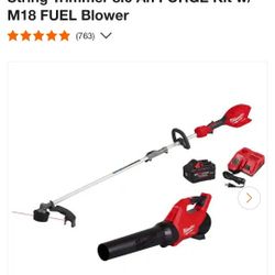 Milwaukee M18 Fuel String Trimmer , Blower With Forge XC8.0 Battery And Rapid Charger 