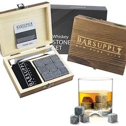 BARSUPPLY Whiskey Stones Gift Set, 12-Piece Set: 9 Granite Chilling Whiskey Rocks, Stainless Steel Tongs, Velvet Pouch, Wooden Gift Box Set, Reusable