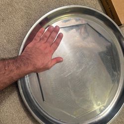 Round Stainless Steel Tray with Swirl Pattern Serving Platter for Kitchen Dining Catering and Buffet Use (16 INCH)  New / un used .   Pick up Aldine a