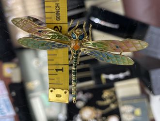 18K Solid Yellow Gold  Dragon Fly Pin Multi Color Enamel Diamonds Vintage