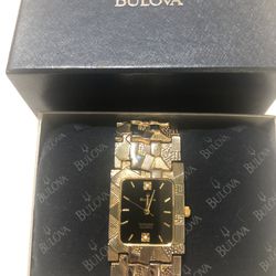 Mens Bulova 18 K Gold Swiss Nugget Watch. Water Resistant. Diamond Quartz Watch
