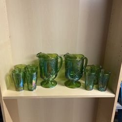 2 Sets Green Carnival Glass Pitcher and Drinking Glasses