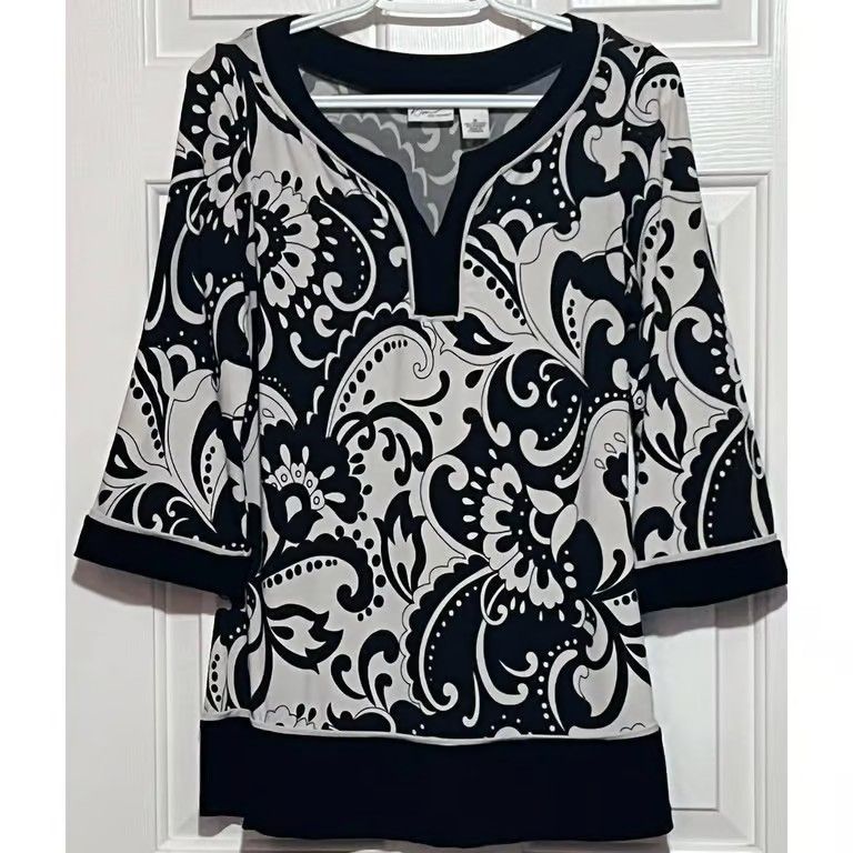 Kim Rogers Women's Black White Printed V-Neck 3/4 Sleeve Length Blouse Size M