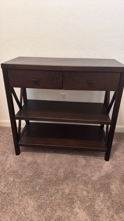 Dark Brown Console Table with Drawers and Shelves