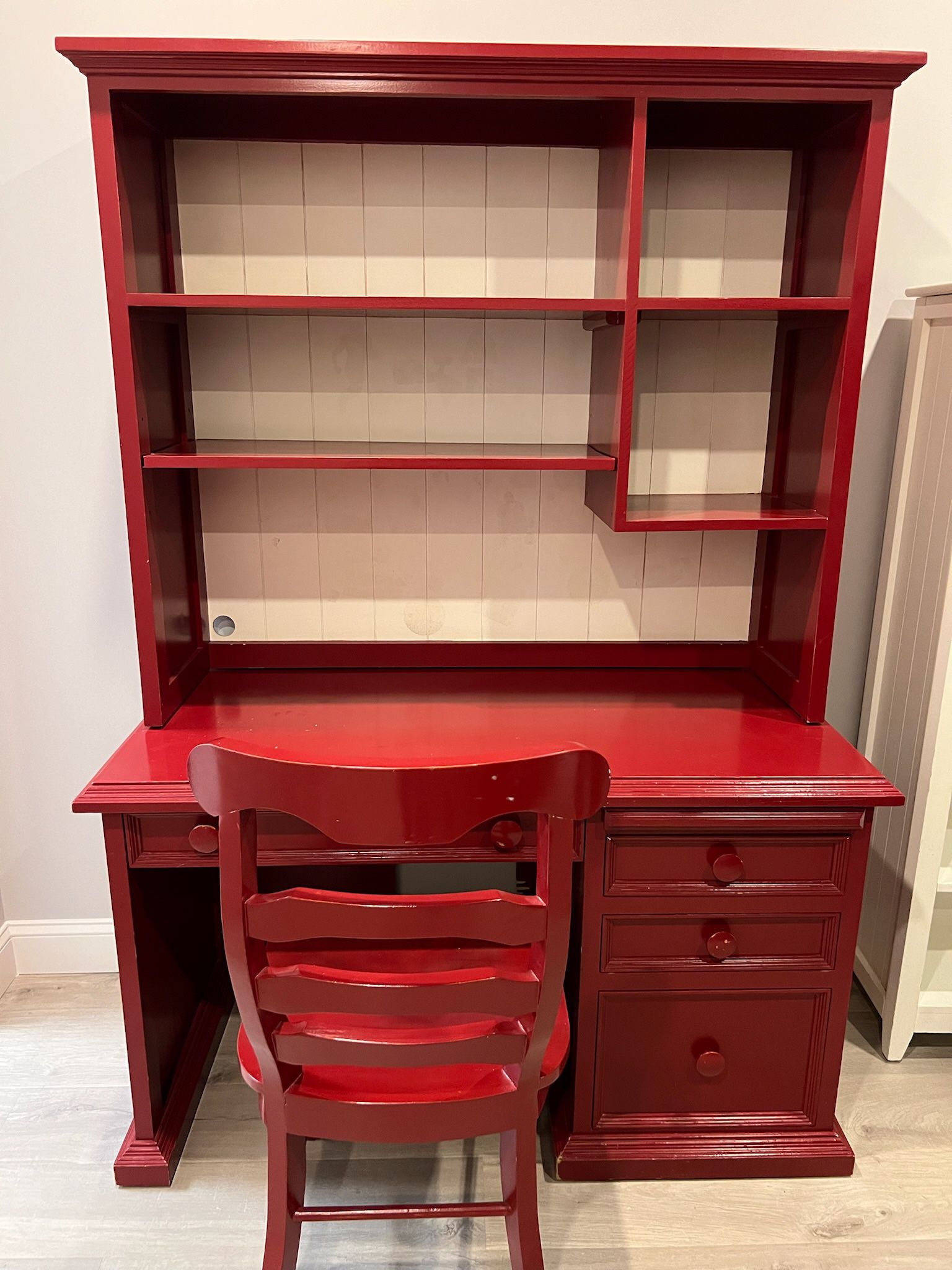 Red Wood Desk with Hutch and Chair (also inc Bookshelf and Lamp)   Can Be Sold Separately 