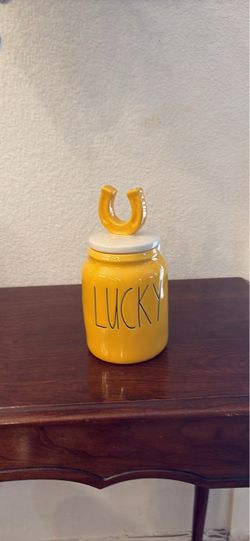 Rae Dunn LUCKY Yellow Ceramic Canister
