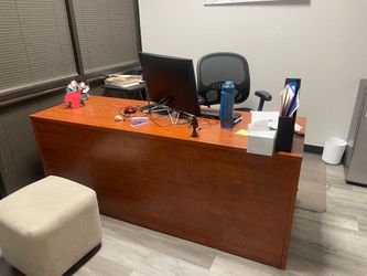 Corporate desk and bookshelf