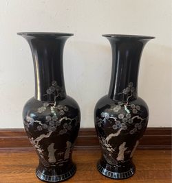 Pair of Large Asian 19” Black Lacquer Mother of Pearl Vases - 19”