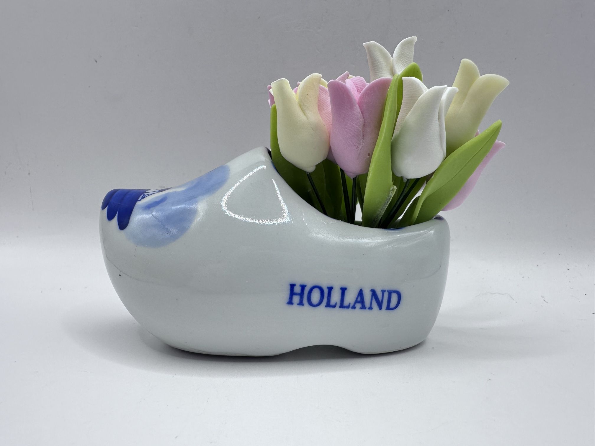 Vintage Holland Delft Shoe Planter with Tulips