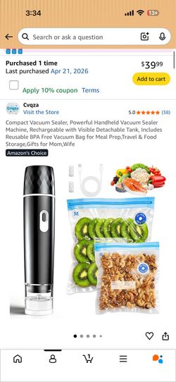 Compact Vacuum Sealer, Powerful Handheld Vacuum Sealer Machine, Rechargeable with Visible Detachable Tank, Includes Reusable BPA Free Vacuum Bag for M
