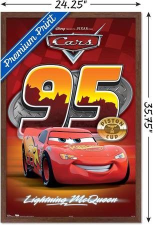 NEW LARGE Disney Pixar Cars Lightning Wall Poster 22.375" x 34" Mahogany Wood Framed Version