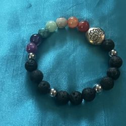 Chakra Lava Rock Colorful Beaded Bracelet Small Wrist Womens Lotus Charm Silver Stretch 