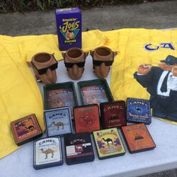 Retired “Joe Camel” Lot: 2 Windbreakers, 3 Plastic Can Coozies, 2 Pool Table Ashtrays & 10 Tins - Compare @$185+