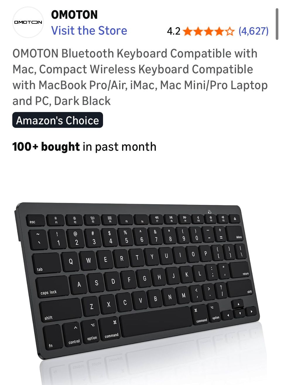OMOTON Bluetooth Keyboard Compatible with Mac, Compact Wireless Keyboard Compatible with MacBook Pro/Air, iMac, Mac Mini/Pro Laptop and PC, Dark Black
