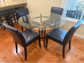 Crate & Barrel Lowe Leather Dining Chairs + 48" Glass Dining Table