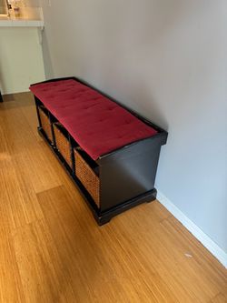 Pottery Barn wooden bench with storage baskets