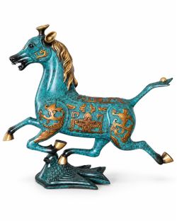 Magnificent Chinese-Style Verdigris Bronze Galloping Horse Sculpture with Gilt Accents