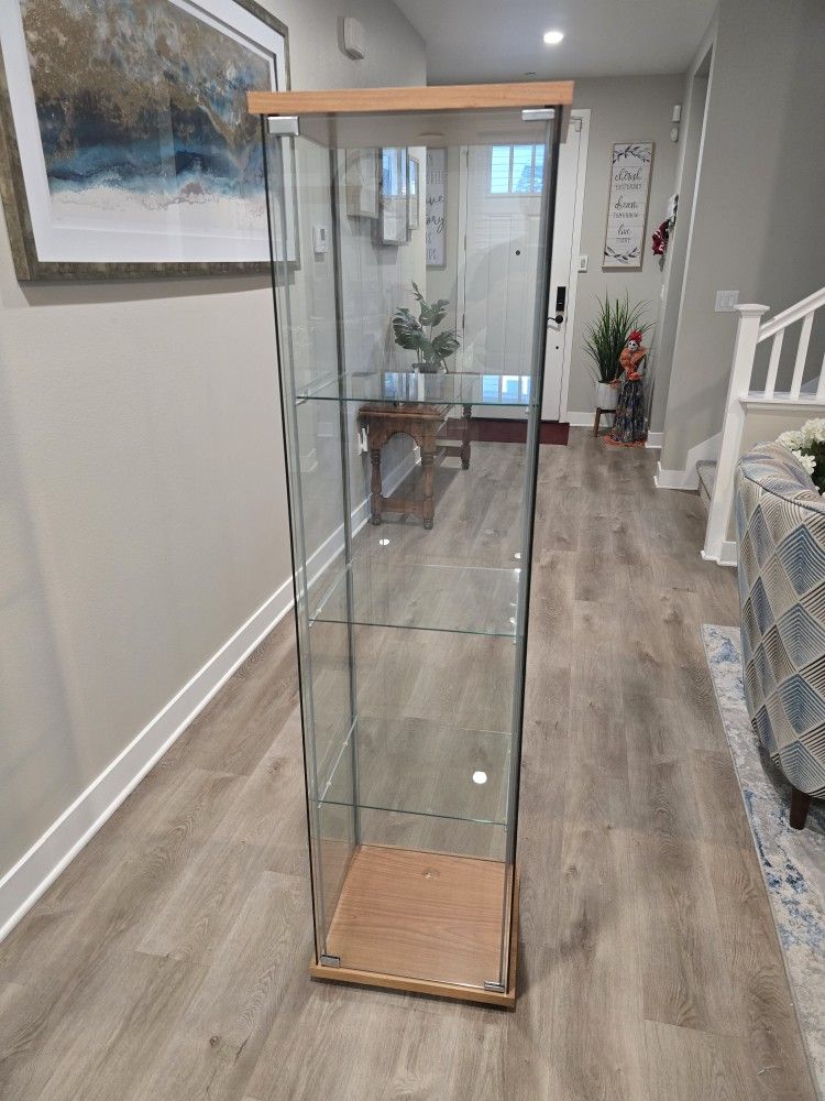 Ikea Detolf glazed/beech coloured glass display cabinet. With qty 3 Glass removable shelves