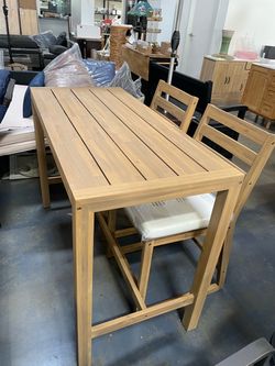Assembled New 3 Pieces Outdoor Patio Counter Height Dining Set Acacia Wood Bar Table a