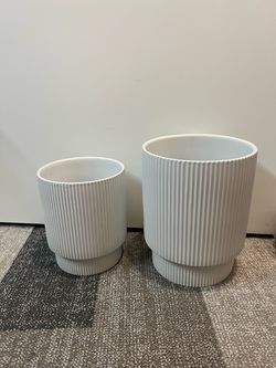 White Ribbed Ceramic Planters Set of 2