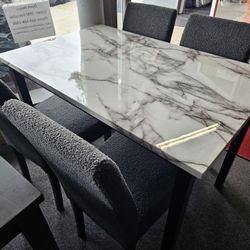 Brand New White Faux Marble Dining Table (Table: 43" x 28" x 30” H;)  + 4 Charcoal Linen Chairs  (Chair: 17" x 22" x 35"H)
