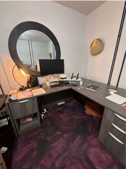 Gray L-Shaped Corner Desk with Drawers