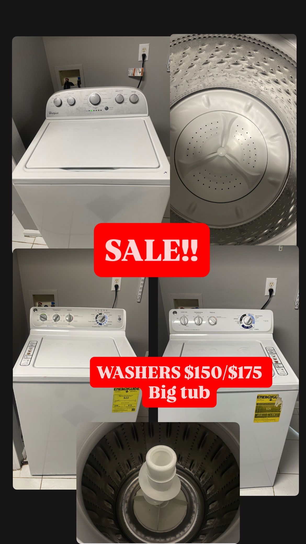 WASHERS ON SALE TODAY!! $150/$175 BIG TUB!! WARRANTY INCLUDED!! 