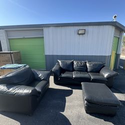 Stunning Black Leather Sectional Set 3 Seat Sofa + Loveseat W Console 