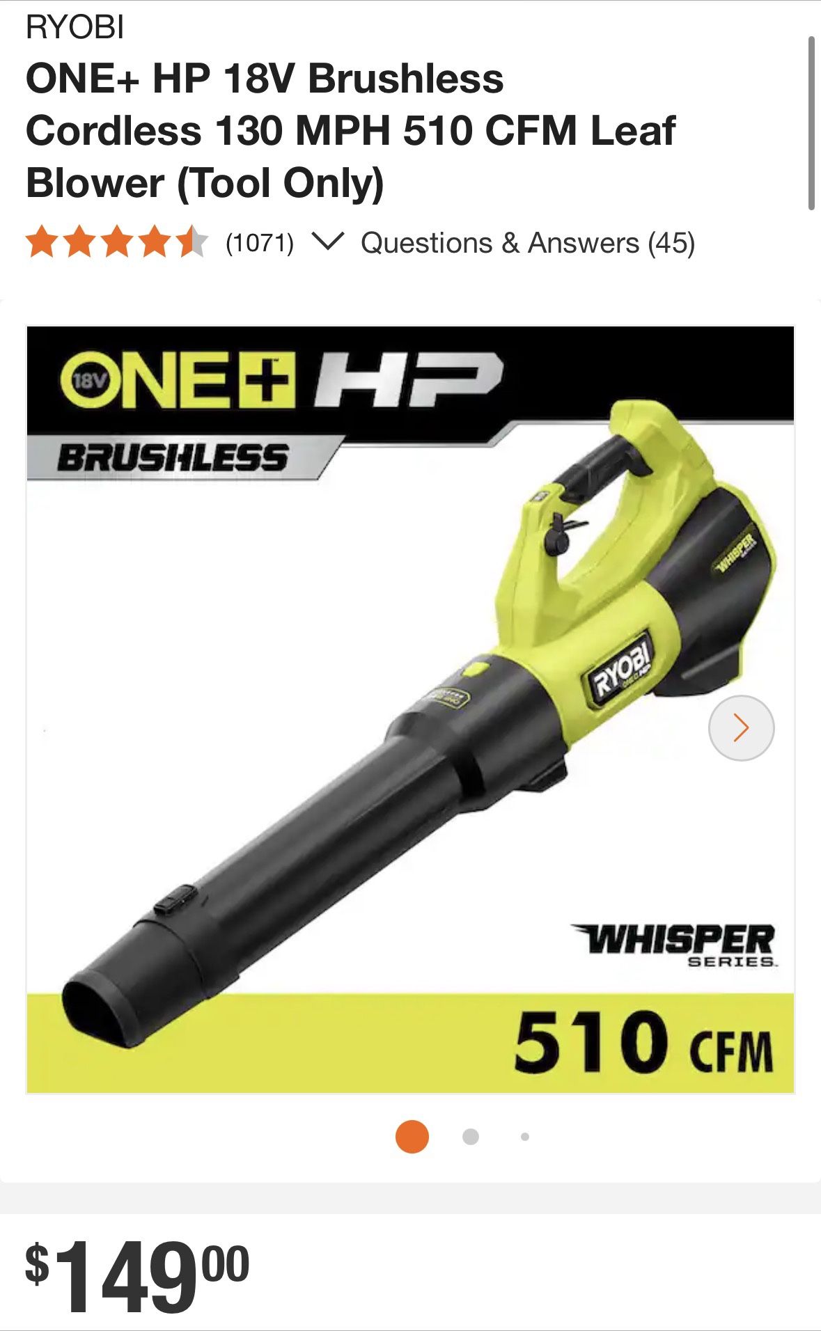 ONE+ HP 18V Brushless Cordless 130 MPH 510 CFM Leaf Blower (Tool Only)