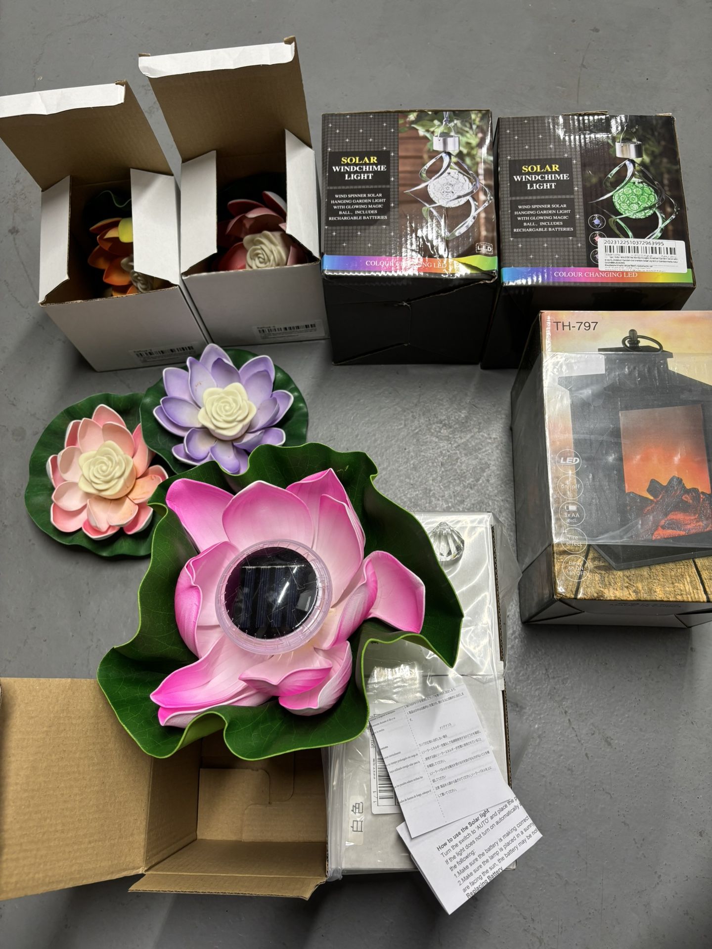 2 Solar Wind Chimes, 1 Lamp, 4 New Solar Floating Pond Lotus & 4 Used Ones