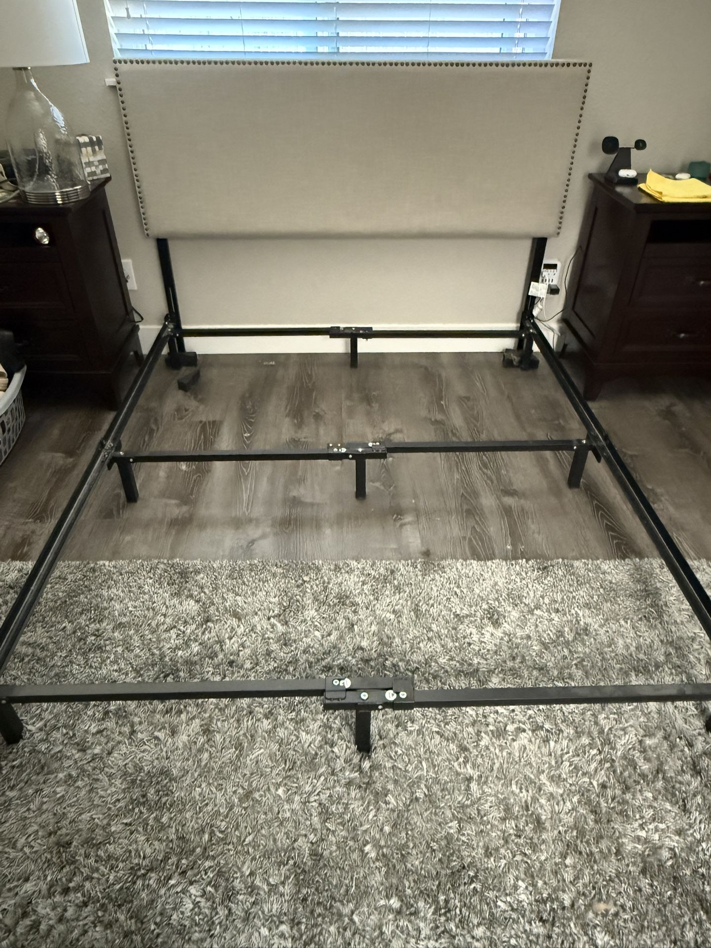 Queen-Sized Metal Bed Frame with Upholstered Headboard