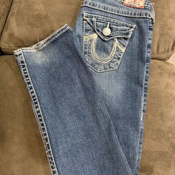 True Religion Ricky Flap Women’s Relaxed Stretch Yellow Stitch Jeans Blue