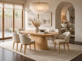 Contemporary Oak Finish 7 Piece Oval Dining Table Set 6 Chairs Wood Legs Comedor
