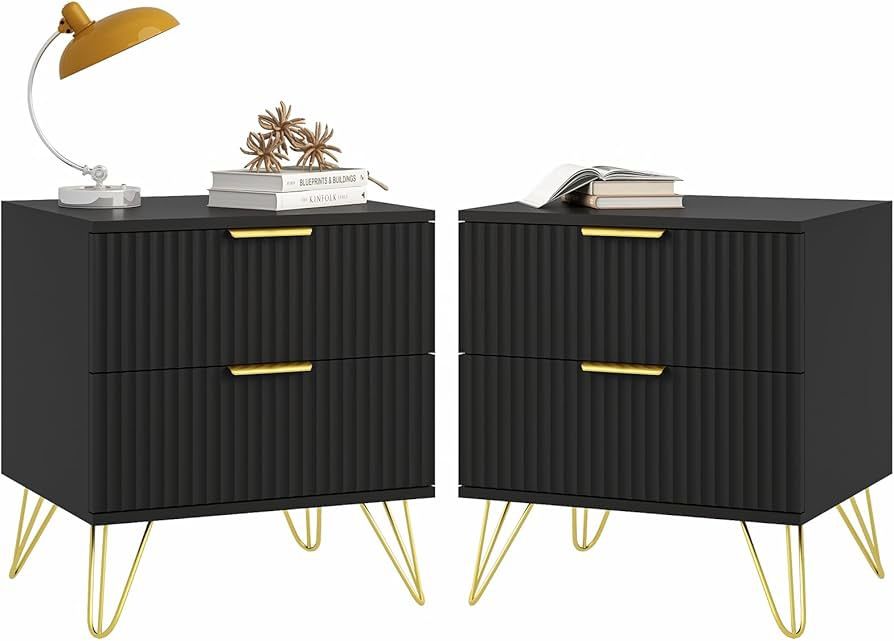 Nightstand Set of 2, Fluted Night Stand with 2 Drawers, Modern Bedside Table with Storage, Wood Night Stands Bed Side End Table for Living Room, Bedro
