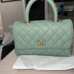 rare 23P CHANEL Small Classic Coco Top CHAIN Handle Flap Lt Green Caviar Gold Bag