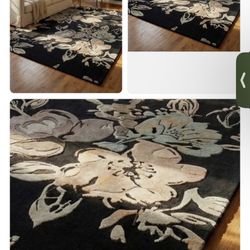 Handmade Floral Area Rug, Black Flower Wool Carpet, Botanical Living Room Rug, About 9”X12