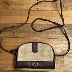 Etienne Aigner Wicker Rattan Straw Purse Brown Leather Trim built in wallet bag