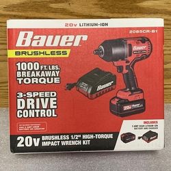 BAUER 2085CR-B1, 20V Brushless Cordless, 1/2 in. High-Torque Impact Wrench Kit
