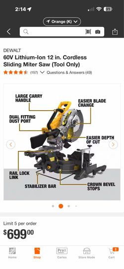 DEWALT 60V Lithium-Ion 12 in. Cordless Sliding Miter Saw (Tool Only)brand new $480