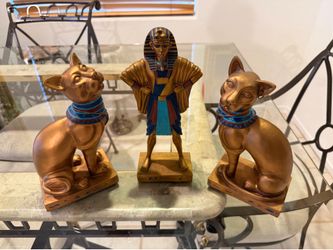 Egyptian Pharaoh & 2 Bastet Cat Statues - Bronze Finish Decor Set