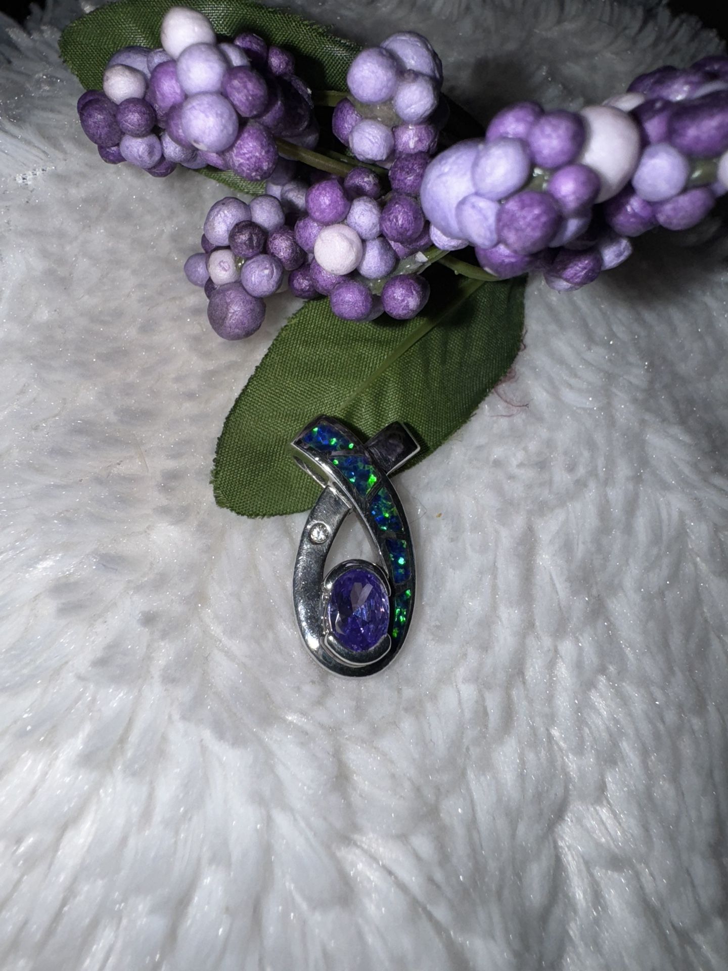 Vintage Tanzanite and Blue Fire Opal Inlay Sterling Silver w/ CZ Stone Pendant