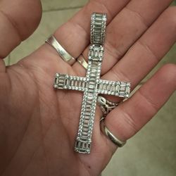 Large Rhodium Plated CZ Cross Pendant 