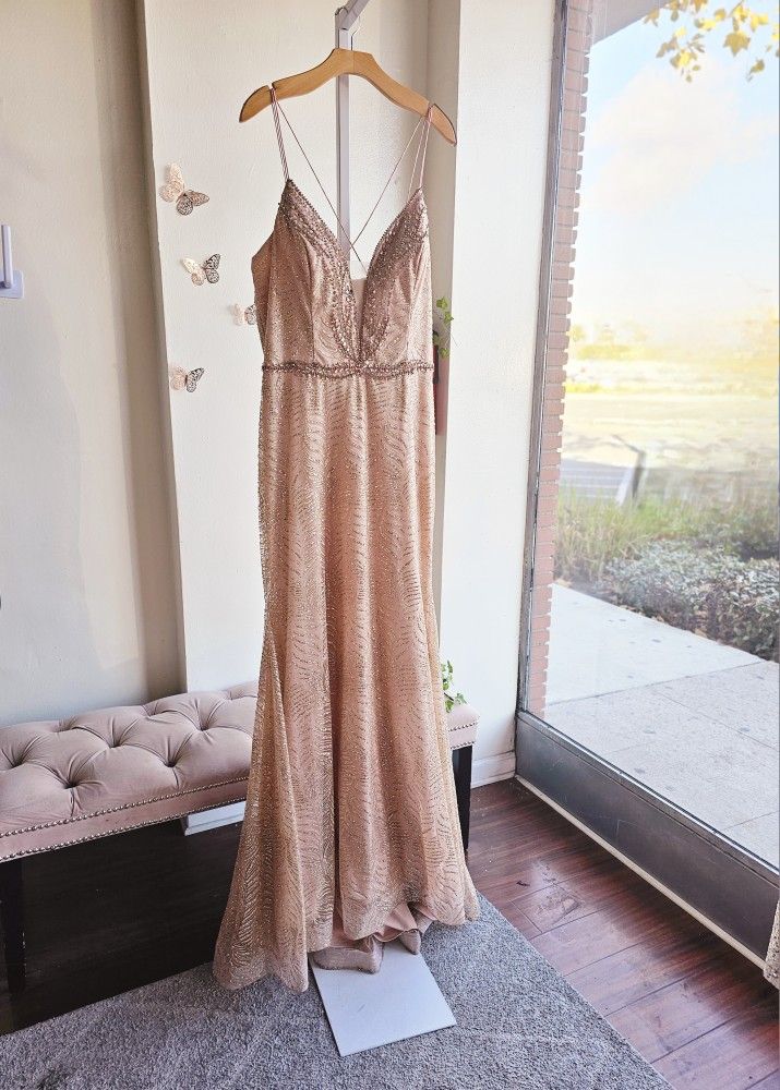3X Rose Gold Embellished Deep V neck Trumpet Dress / Prom/ party dress/glam  dress/evening dress
