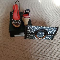 Banana Republic Dark Brown Giraffe set Of Print Peep Toe Wedge And Clutch NEW