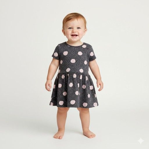 H&M Dress with Pink Dots, Dark Brownish Grey, 6-12 Months