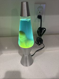 Lava Lamp 14 Inch Silver Base with Yellow Green Wax in Blue Liquid On/Off Switch