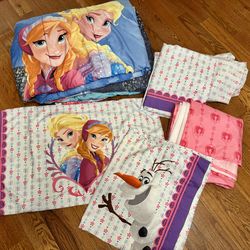 Girls 6Pc Disney Frozen Elsa Anna Olaf Full Size Bedding Comforter Set Sheets, Bedskirt, Pillowcases.