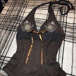 Brown gray halter top with lace embroidered