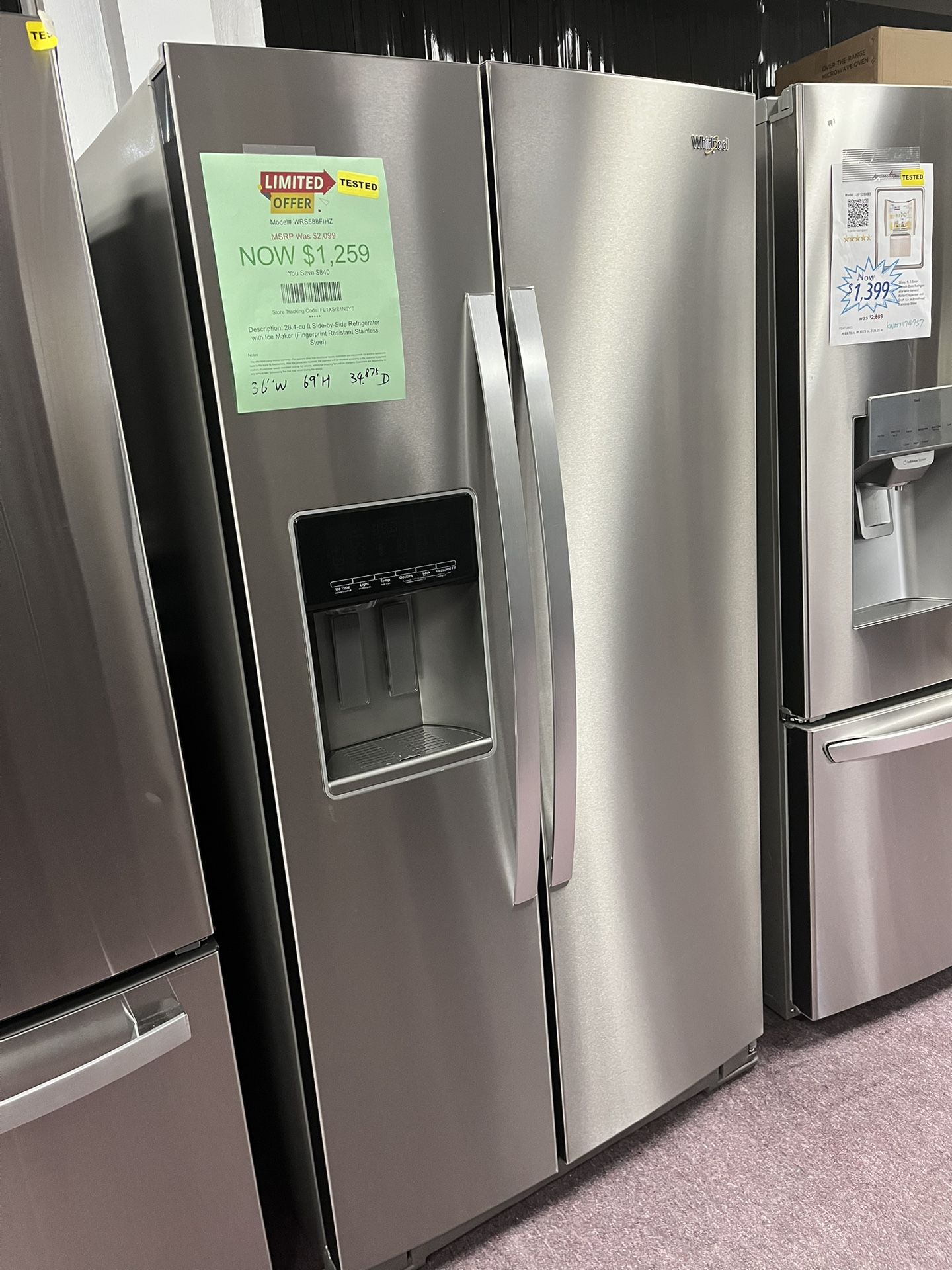 Refrigerator, Whirlpool 36β Open Box Side By Side Refrigerator With Warranty